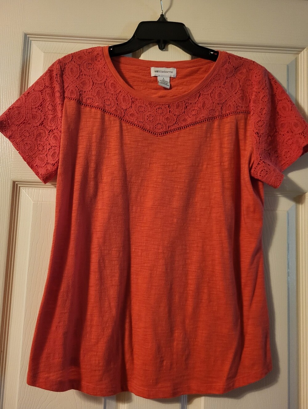 Liz Claiborne Coral Short Sleeve Lace Yoke Tee
